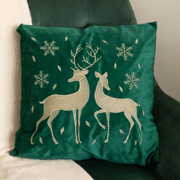 Samuel Alexander 44cm Emerald Green & Gold Reindeer Decorative Christmas Cushion