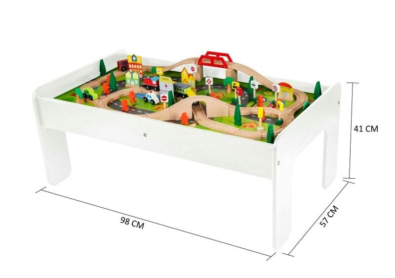 HYGRAD BUILT TO SURVIVE Kids Wooden Activity White Table and 90 Piece Train Set Car Track + Accessories