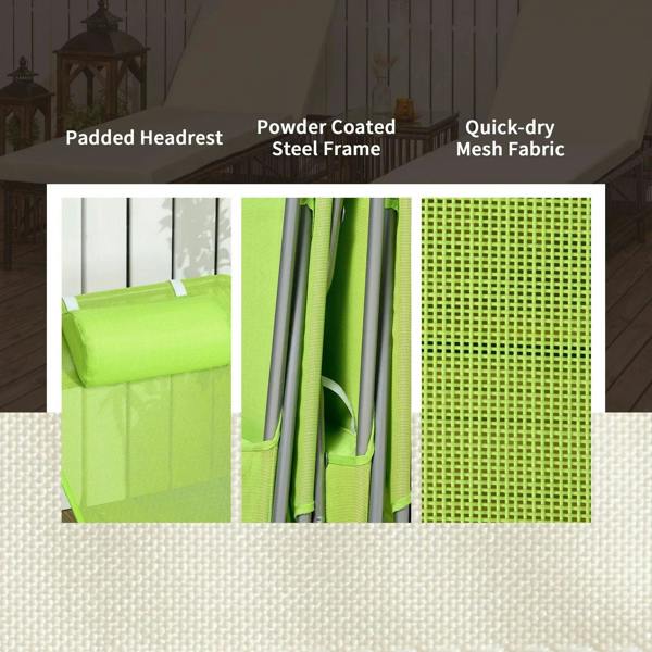 Green sun loungers with padded headrest, powder-coated steel frame, and mesh fabric