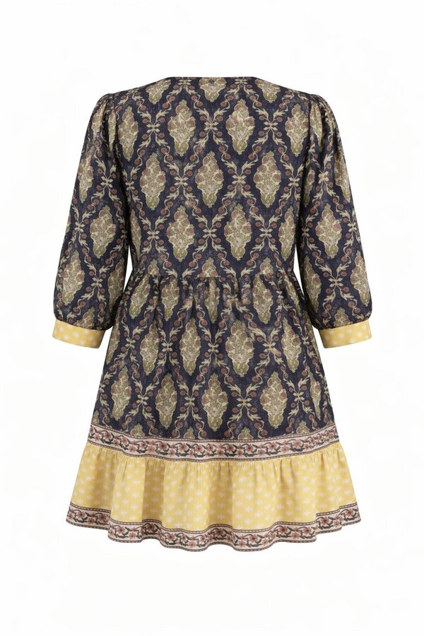 Bella Inky Knee length wood block printed dress with contrast border. 100% cotton with pockets and shell buttons