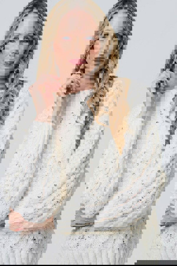 White | Sequin Embellished Cable Knit Jumper
