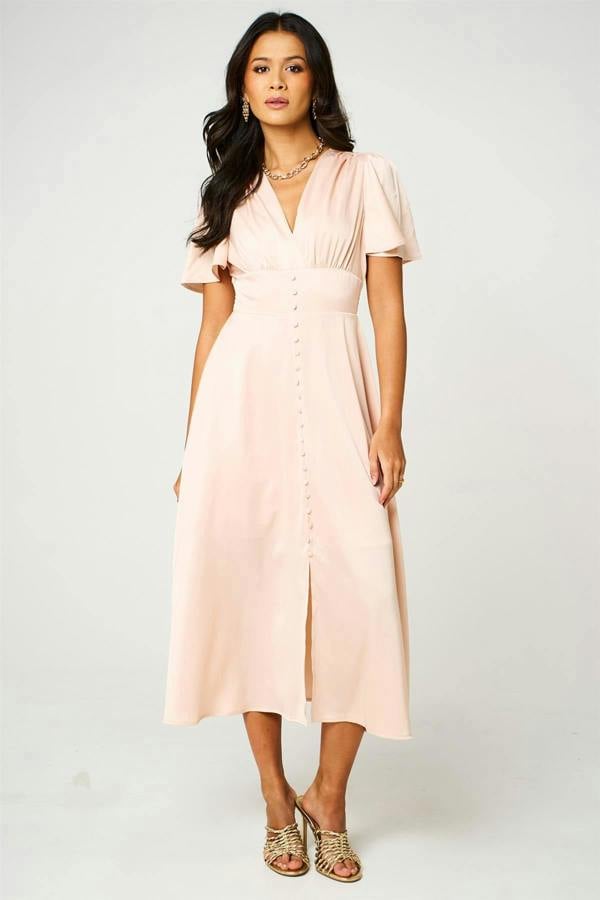 FS Collection Satin V neckline Button Detail Dress In Blush