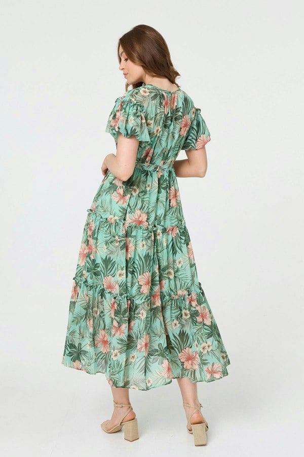 Green | Tropical Print Frill Tiered Midi Dress