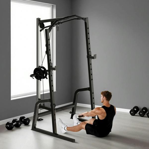 Black cable power rack with pull-up bar and bench setup for home workouts