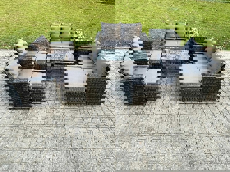Fimous 9-Seater Dark Grey Mixed High Back Rattan Garden Furniture Set - Outdoor Patio Sofa with Coffee Table & Armchairs