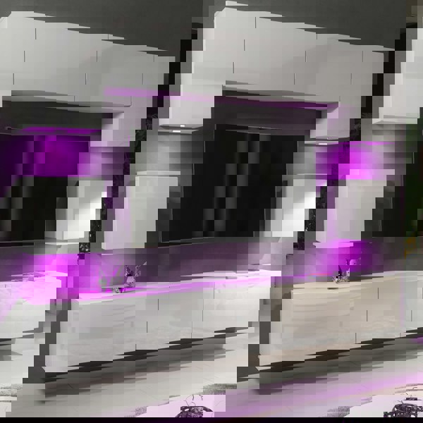 Mex Furniture Modern Wall Unit 242cm – White Matt Body & White Gloss Doors – 9 Elements with Full Storage + Free RGB LED