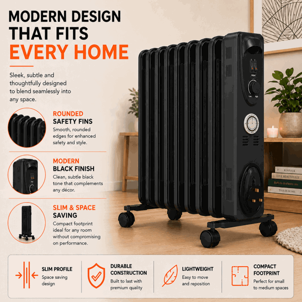 MYLEK Oil Filled Radiator 2000w Portable Heater Thermostat 24 Hour Timer Grey