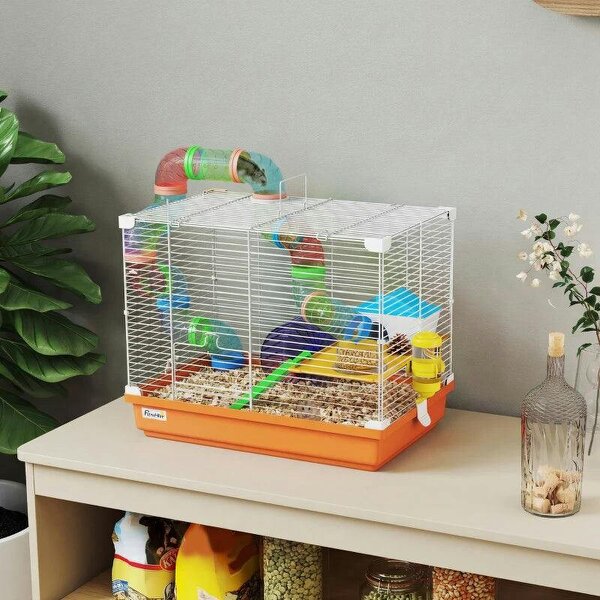 2 Tier Hamster Cage, Gerbil Cage with Handle, Exercise Wheels, Tunnel, Water Bottle, Dishes, Ladder, for Dwarf - Orange