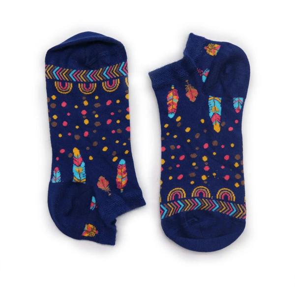 Navy low bamboo socks with multicolor feather, rainbow and dot pattern