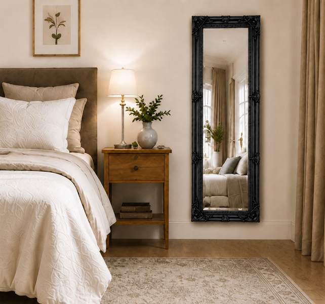 Downton Interiors Antique Style Black Tall Ornate Dressing Wall Mirror with Bevelled Glass 142cm