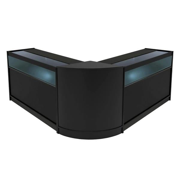 Black Iris LED shop counter set featuring a sleek, modern design with glass display tops and illuminated shelves, ideal for retail spaces