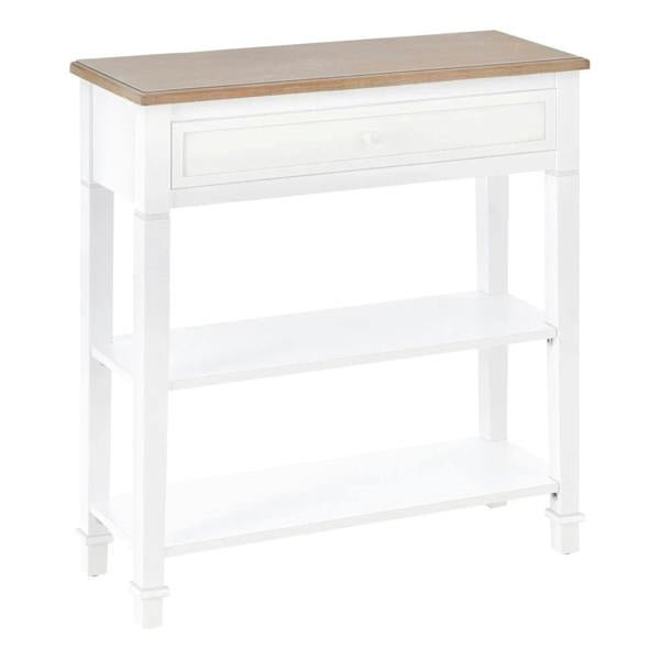 White console table with light wood top, single drawer and two open shelves