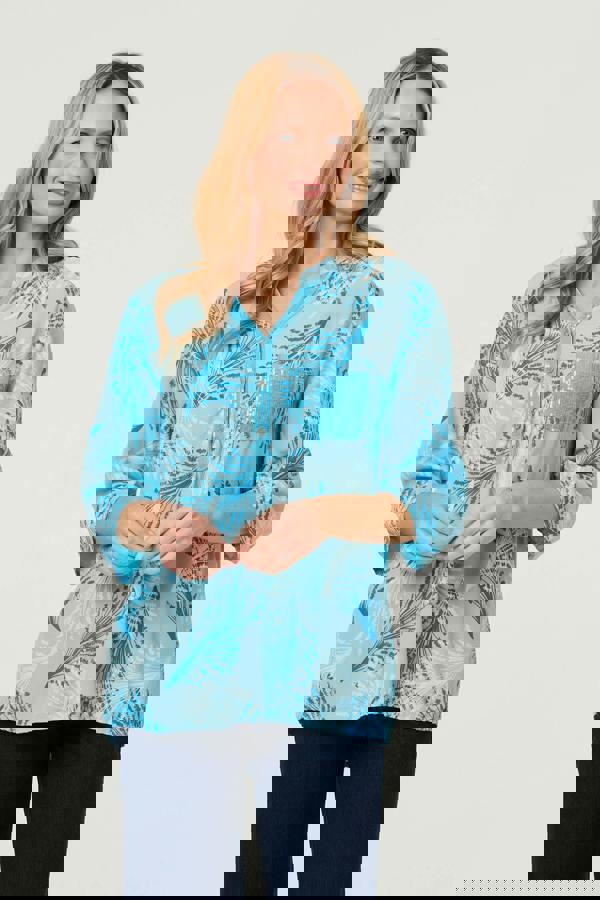 Blue | Printed Sequin 3/4 Sleeve Relaxed Blouse