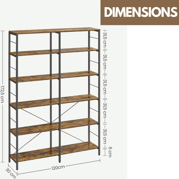 Rafaelo Mobilia 6 Tier Industrial Bookcase Large