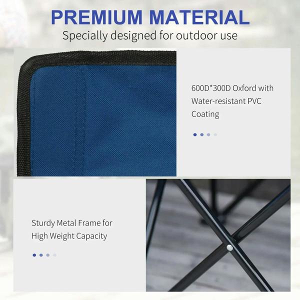 Blue outdoor chair fabric with black edging and sturdy metal frame for high weight support