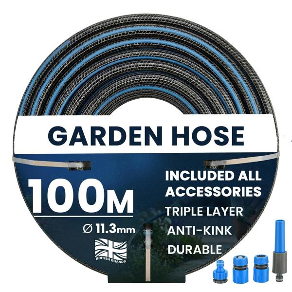 My Garden Outdoor Living Hose Pipe Anti Kink Hosepipe Inc 4 Connectors - 11.3mm Dia - Durable Triple Layer Water Hose with Spray Nozzle
