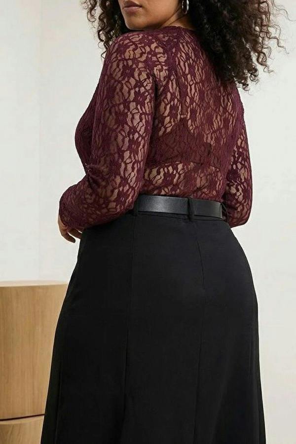 WOVCOR Black Lace Knit Plus Size Blouse