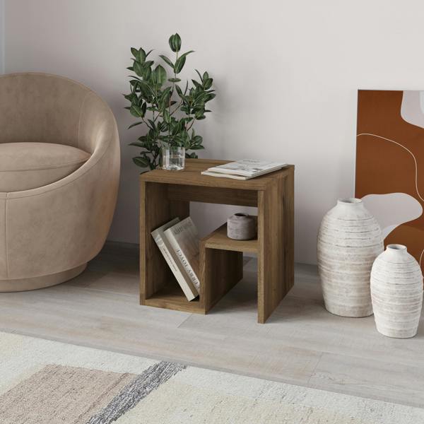 Decortie Bon Square End Table Open Shelf Storage, G-Shaped Coffee Table 40x40cm Chipboard for Living Room Bedroom