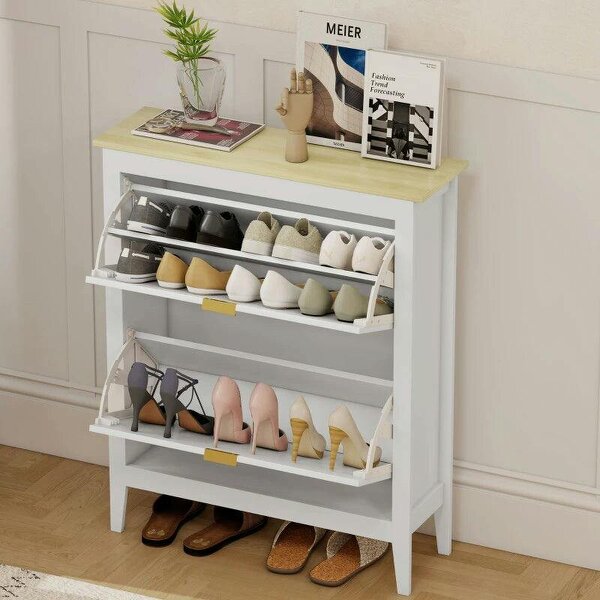 Bobobiy Narrow Shoe Cabinet, Boho Slim Shoe Storage Cabinet with 2 Flip Drawers, Holds 14 Pairs, White