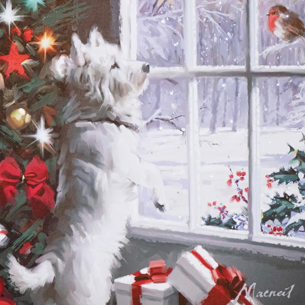 Samuel Alexander 40cm x 30cm Battery Operated Light up Fibre Optic Christmas Dog & Robin Wall Art