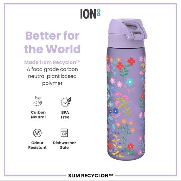 ION8 Leak Proof Slim Water Bottle, Recyclon, Ditsy Floral, 500ml (18oz)