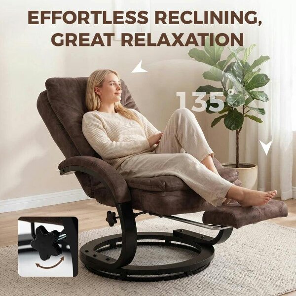 Swivel Recliner Chair, Velvet Recliner Armchair with Retractable Footrest, Dual-Layer Cushion, High Back, Dark Brown