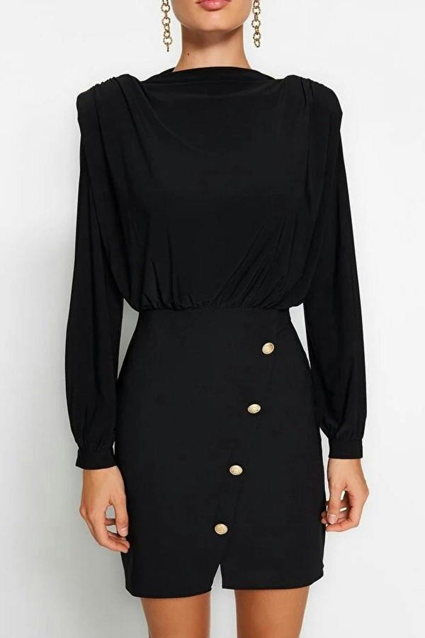 WOVCOR Button Detailed Mini Woven Dress with Padded Shoulder Pads