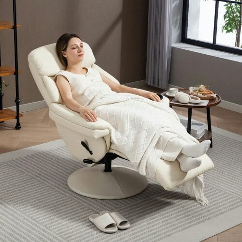 Bobobiy Manual Recliner Chair with Footrest, PU Leather Swivel Chair, Cream White