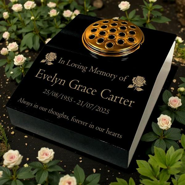 Memorials Direct Black Granite Sloping Memorial Desk with Vase – Rose Design, Free Gold Engraving
