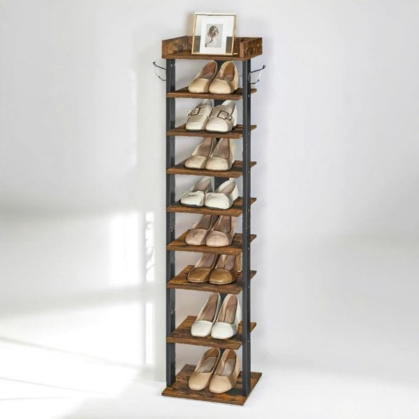 Rafaelo Mobilia 9 Tier Shoe Rack Narrow Brown