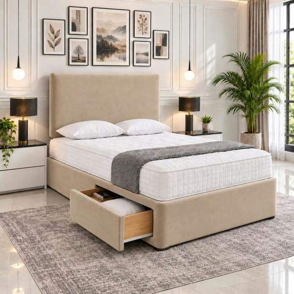 Paradise Beds Luxury Upholstered Divan Bed with Side Storage Drawers & Tall Headboard