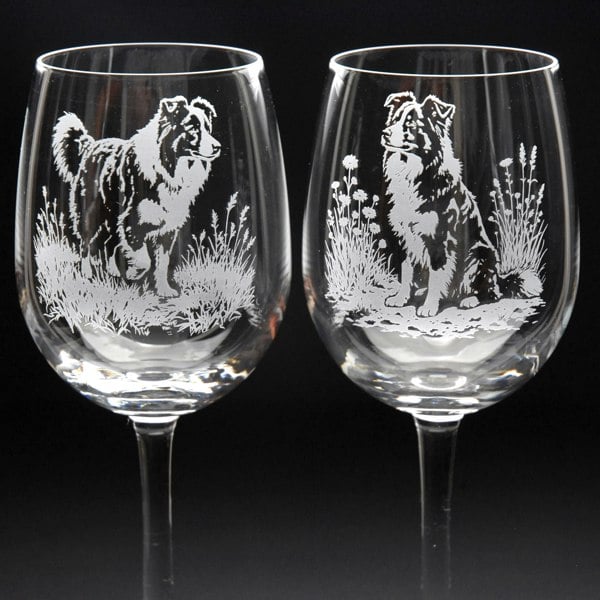 Glyptic Glass Art Border Collie Dog Crystal Wine Glass - Hand Etched/Engraved Gift