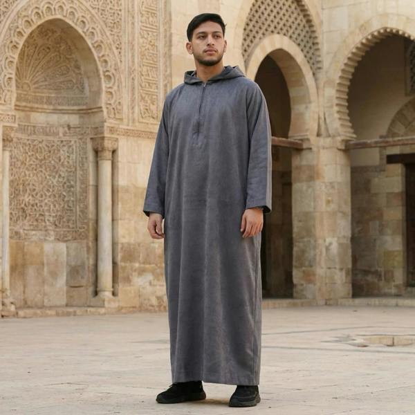 HM12 - Men's Hooded Suede Emirati Omani Zipped Thobe - Grey - Thobez - 16