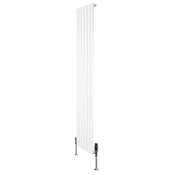Flat single column radiator in white, 1800mm x 420mm, featuring sleek vertical lines and chrome valves for modern heating solutions