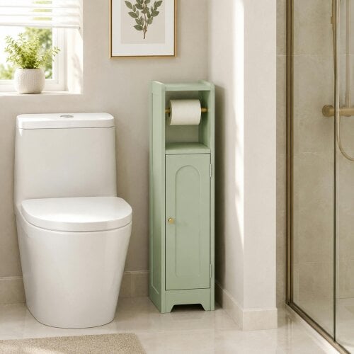 HOMCOM Toilet Roll Holder Bathroom Cabinet with Adjustable Shelf Light Green