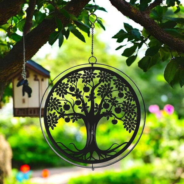 EDH Door Hardware Black Metal Apple Tree Hanging Silhouette Orbit Spinner – 39cm x 23cm | Wind Spinner for Garden, Patio & Home Décor