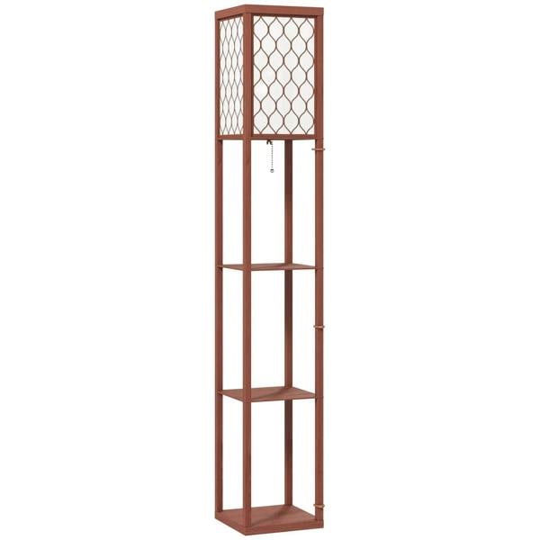 Three-shelf standing lamp with brown frame and white lattice panels