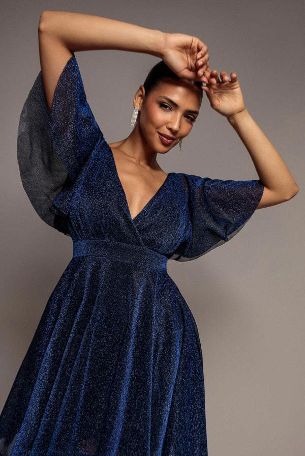 Sparkle Lurex Wrap Mini Skater Dress - Navy Blue DR3315