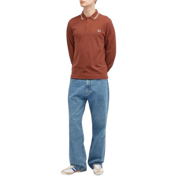 Fred Perry Black Twin Tipped Collar Whisky Brown Long Sleeve Polo Shirt XS