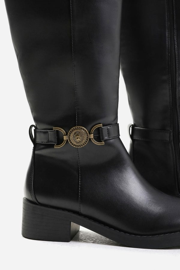 Where's That From Washington Below Knee Boot With Gold Buckle Detail in Black Faux Leather