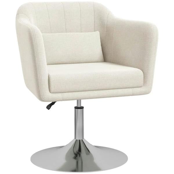 Cream white upholstered swivel accent chair with height adjustable arms and round metal base