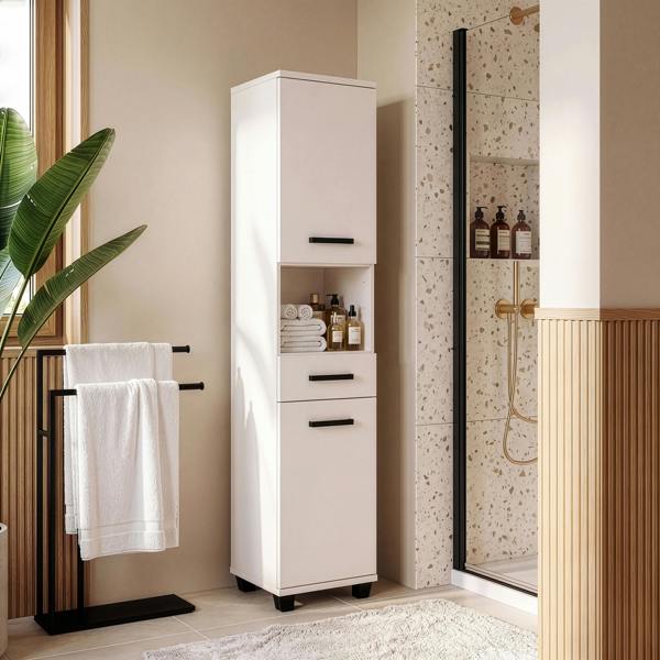 Furniture To Go Veris Tall Narrow Bathroom Cupboard with 2 Doors & 1 Drawer in Sand
