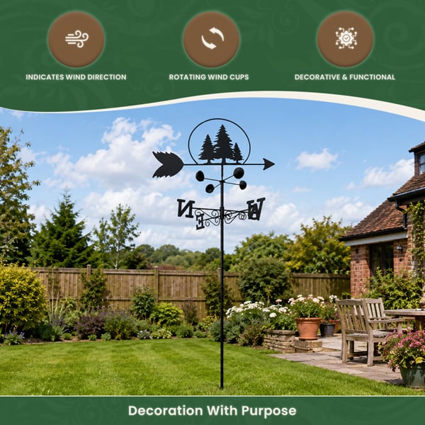 Trees Weathervane with Wind Speed Indicator Cups, All-Steel Black Finish, Wall Mount Fixings and 1.7m Ground Spike Option