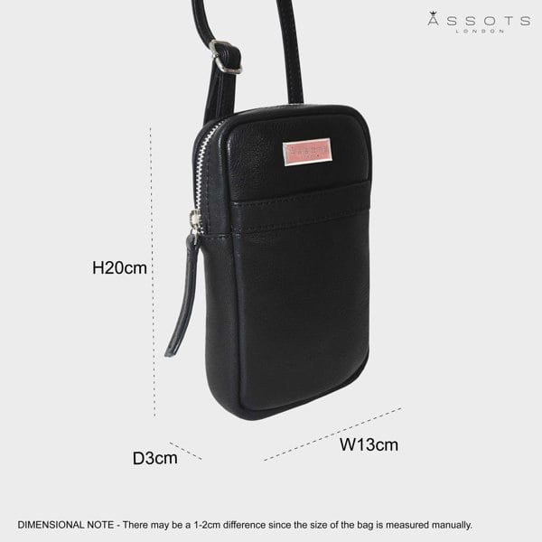 Assots London 'LEO' Black Nappa Real Leather Crossbody Mobile Phone Bag