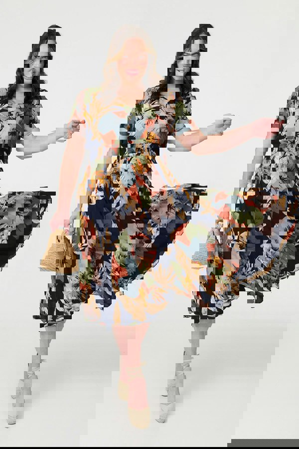 Navy | Floral Print Short Sleeve Midi Dress