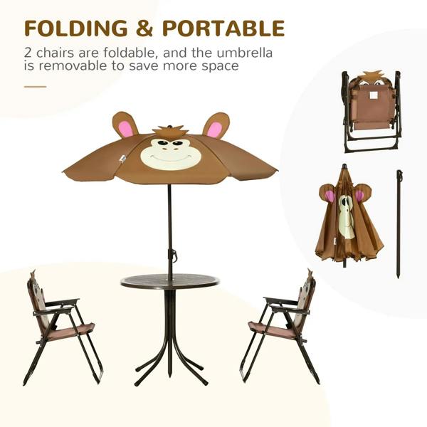 Portable kids folding table-and-chair set with monkey umbrella and included carrying bag