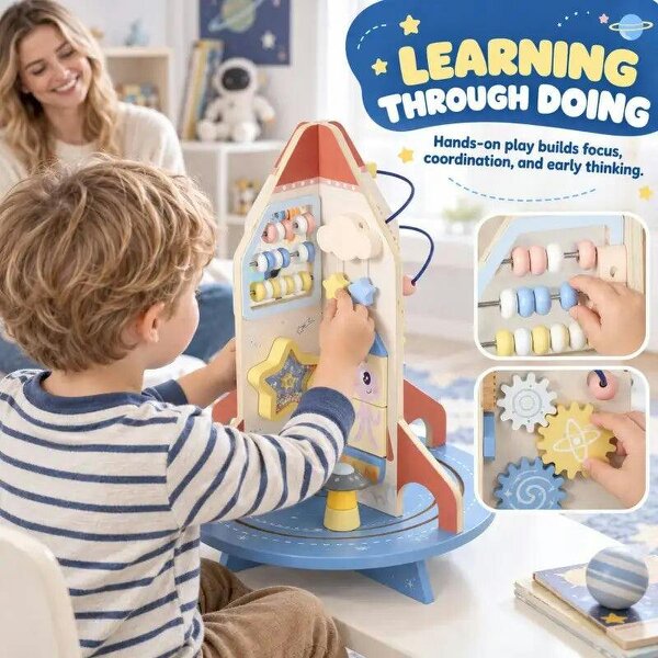 Bobobiy Wooden Activity Cube, Rocket Theme Educational Toys with Shape Sorter & Bead Maze for Toddlers 24M-6Y Fine Motor Skill