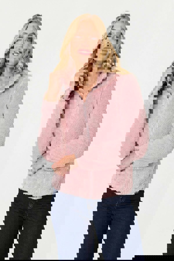 Pink | Soft Texture Zip Front High Neck Fleece
