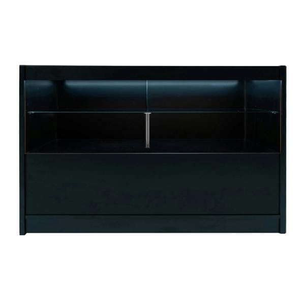 Eclipse LED shop counter set in sleek black, featuring a modern design with illuminated shelves and spacious storage compartments