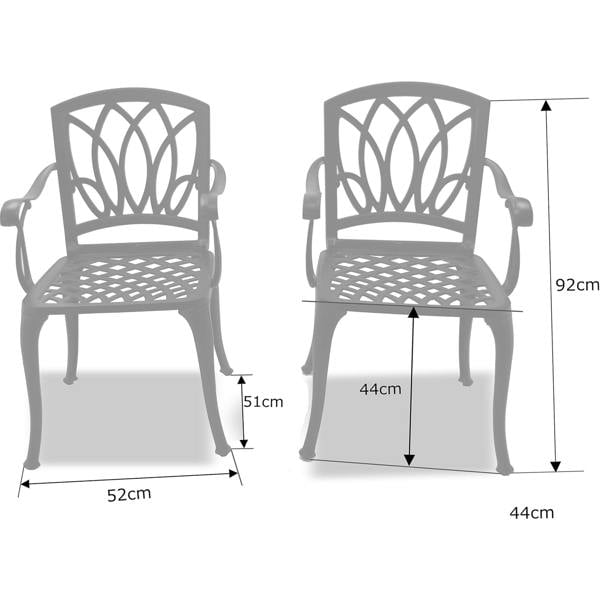 Homeology POSITANO 2-Large Garden and Patio Bistro Chairs with Armrests in Cast Aluminium Grey